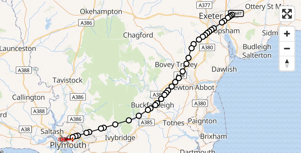Flight route map: Air Ambulance Helicopter to Plymouth, Discovery Way