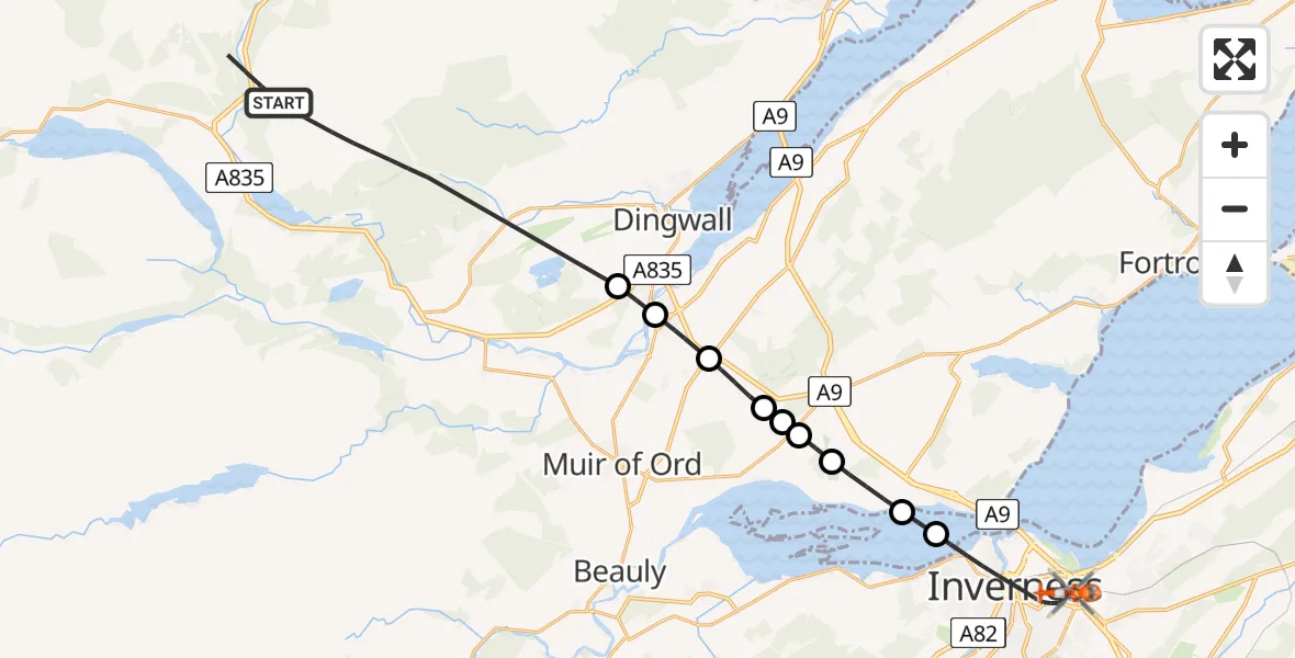 Flight route map: Coastguard Helicopter to Inverness, Sir Walter Scott Drive