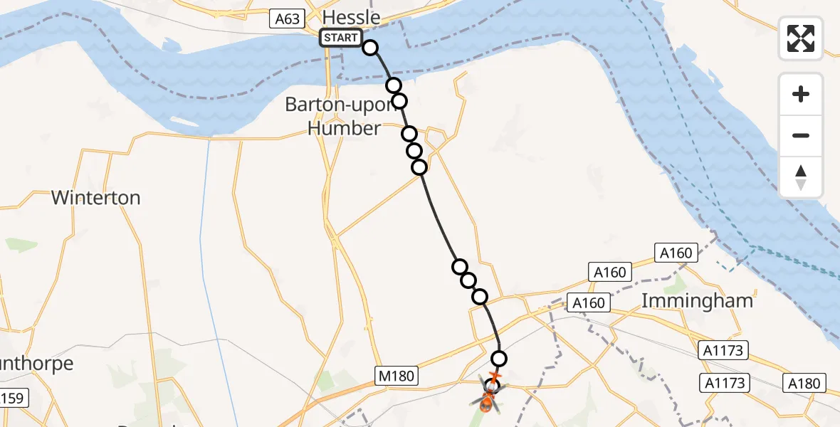 Flight route map: Coastguard Helicopter to Humberside Airport, Humberside Airport