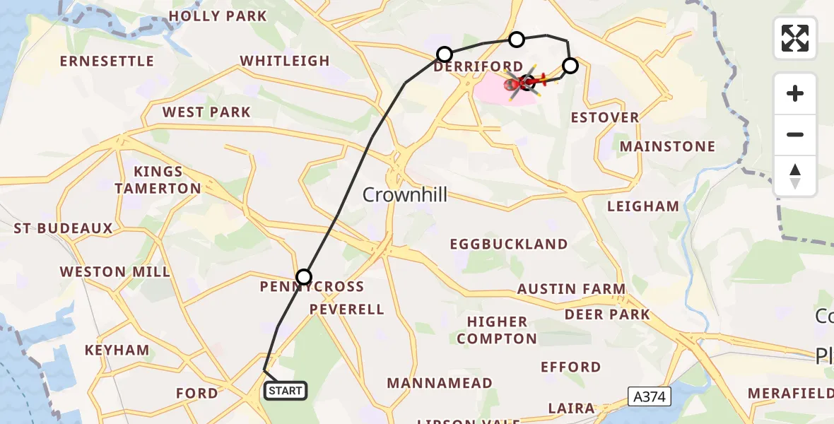 Flight route map: Air Ambulance Helicopter to Derriford Hospital, Derriford Hospital
