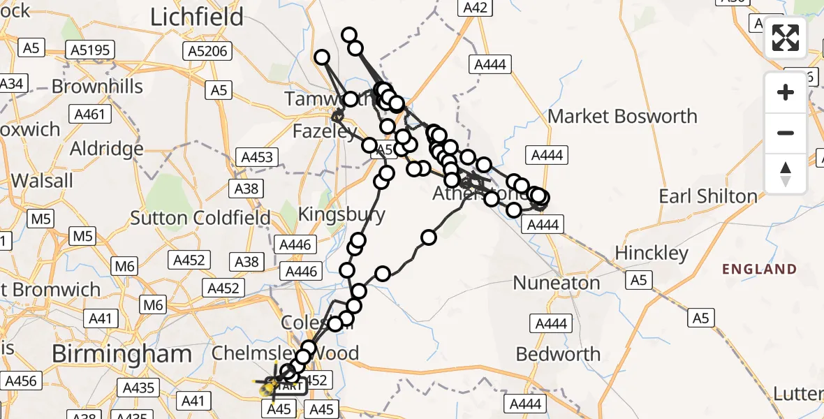 Flight route map: Police Helicopter to Marston Green, The Rise
