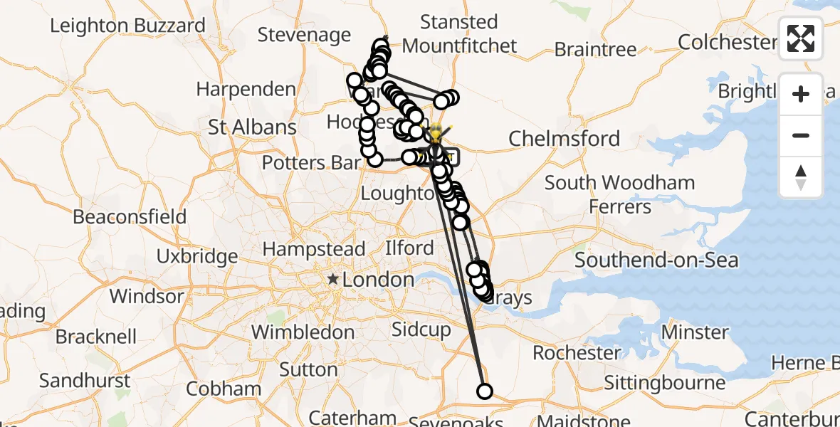 Flight route map: Police Helicopter to North Weald Bassett, Weald Hall Lane