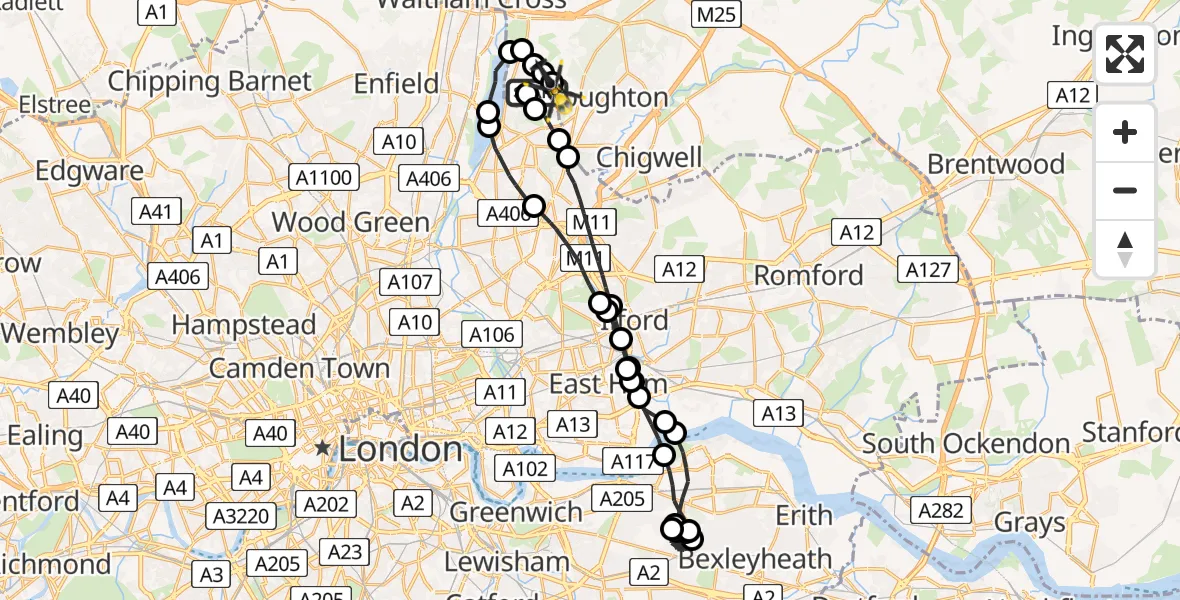 Flight route map: Police Helicopter to Sewardstonebury, Bury Road
