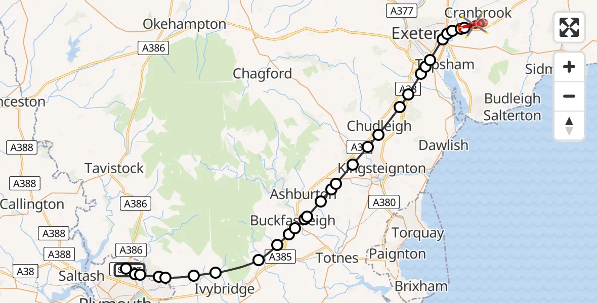 Flight route map: Air Ambulance Helicopter to Exeter International Airport, Exeter International Airport