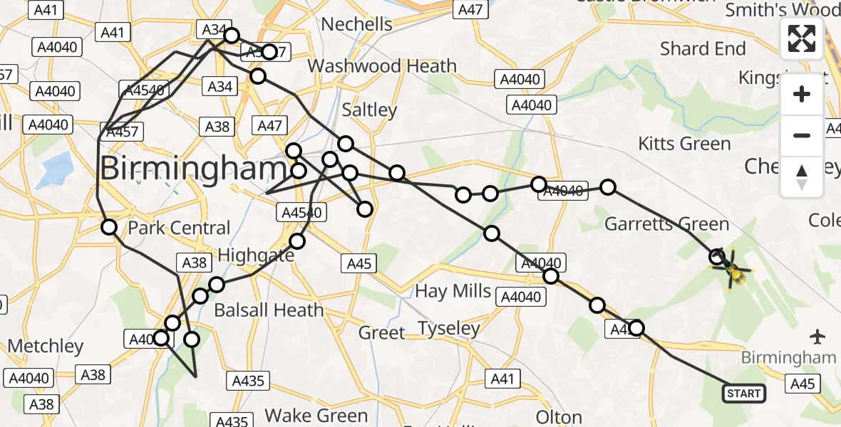 Flight route map: Police Helicopter to Tile Cross, Tile Cross