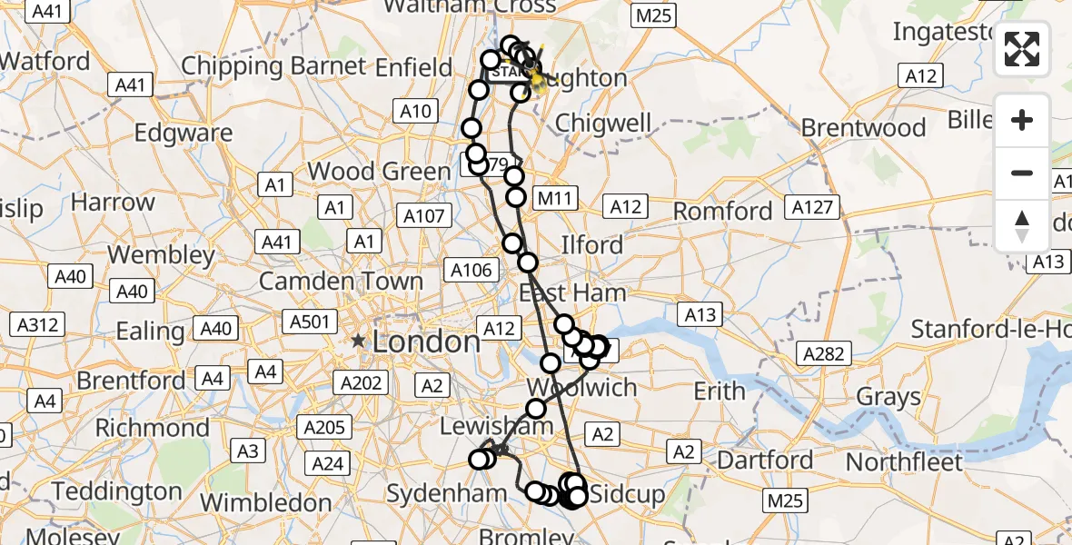 Flight route map: Police Helicopter to Sewardstonebury, Lippitts Hill