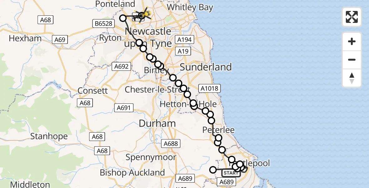 Routekaart van de vlucht: Police Helicopter to Newcastle upon Tyne, Greystoke Park