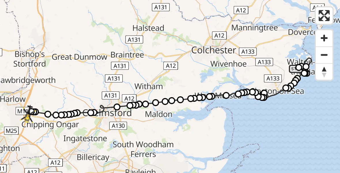 Flight route map: Police Helicopter to North Weald Bassett, Delved Bridge
