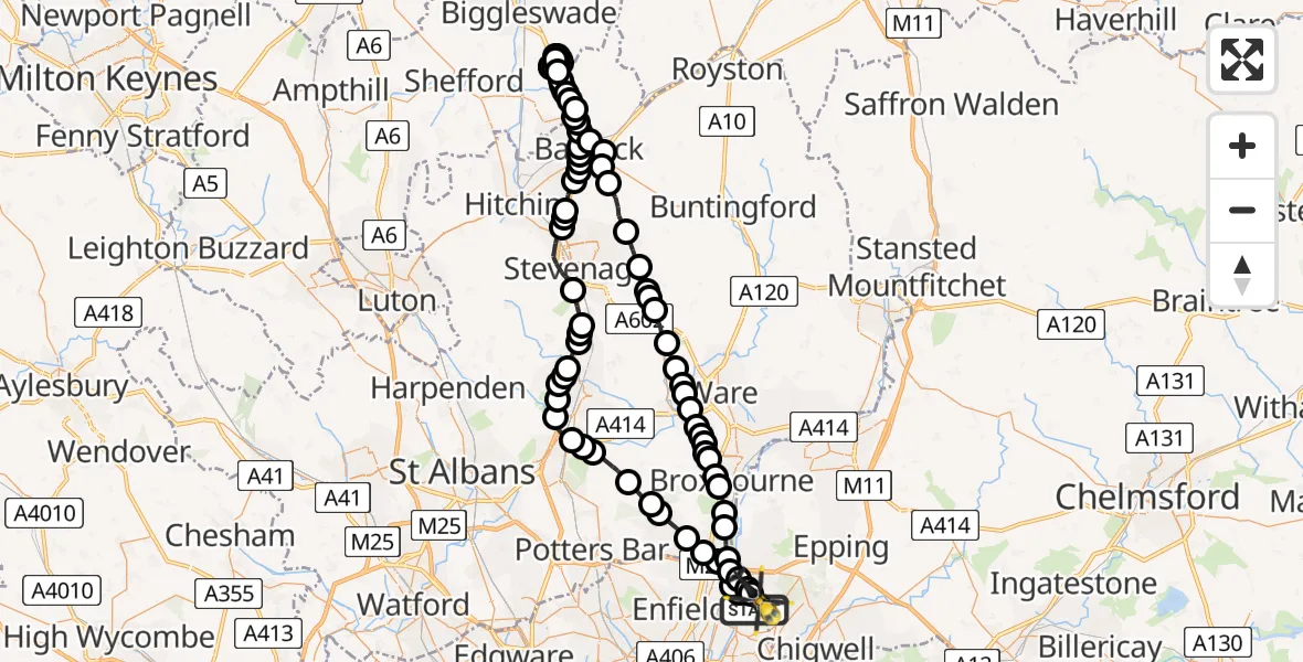 Flight route map: Police Helicopter to Sewardstonebury, Green Lane