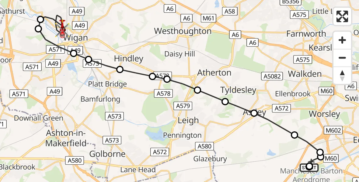 Flight route map: Air Ambulance Helicopter to Wigan, Pagefield Street