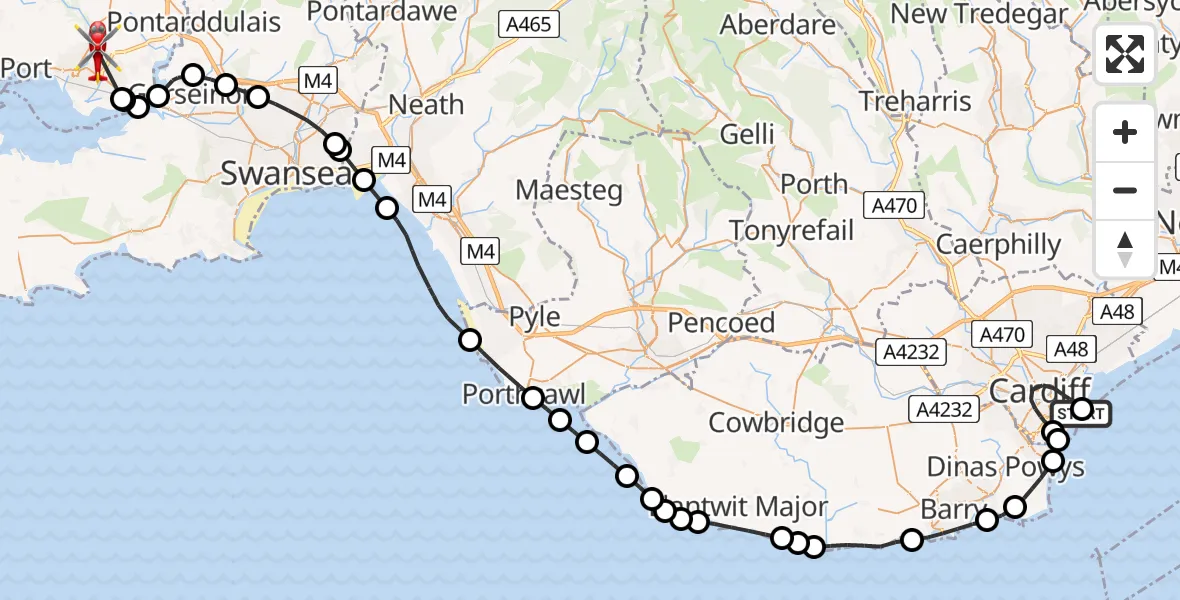 Flight route map: Air Ambulance Helicopter to Dafen, Cilsaig Road