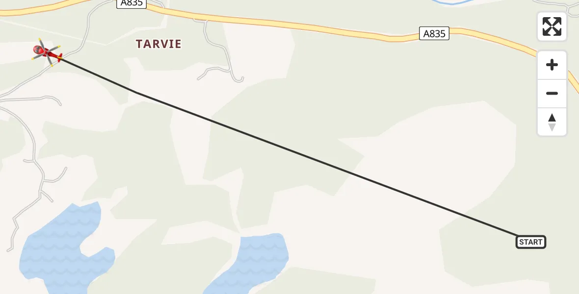 Flight path map showing Air Ambulance Helicopter route from Garve to Tarvie