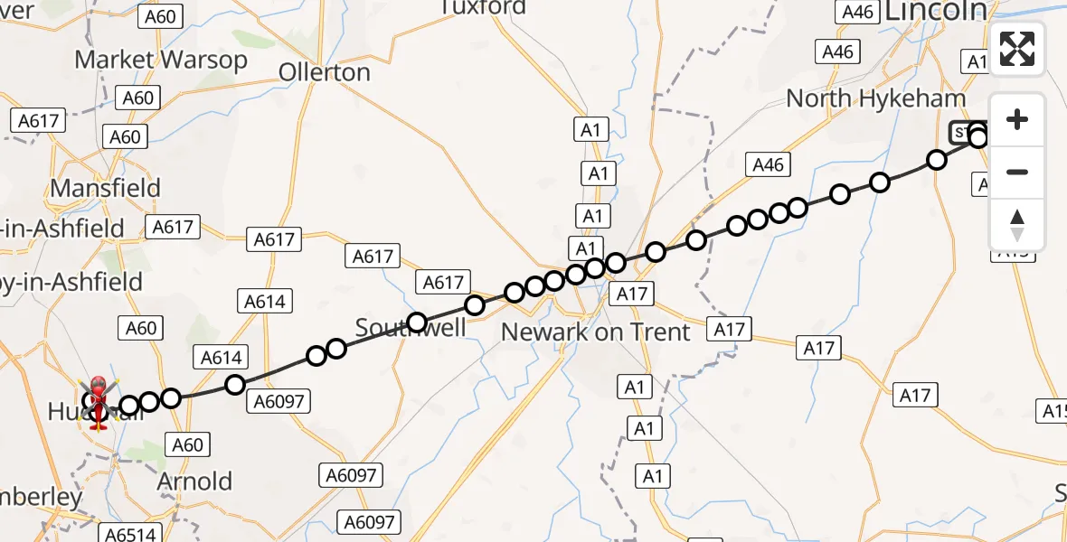 Flight route map: Air Ambulance Helicopter to Hucknall, Budby Rise