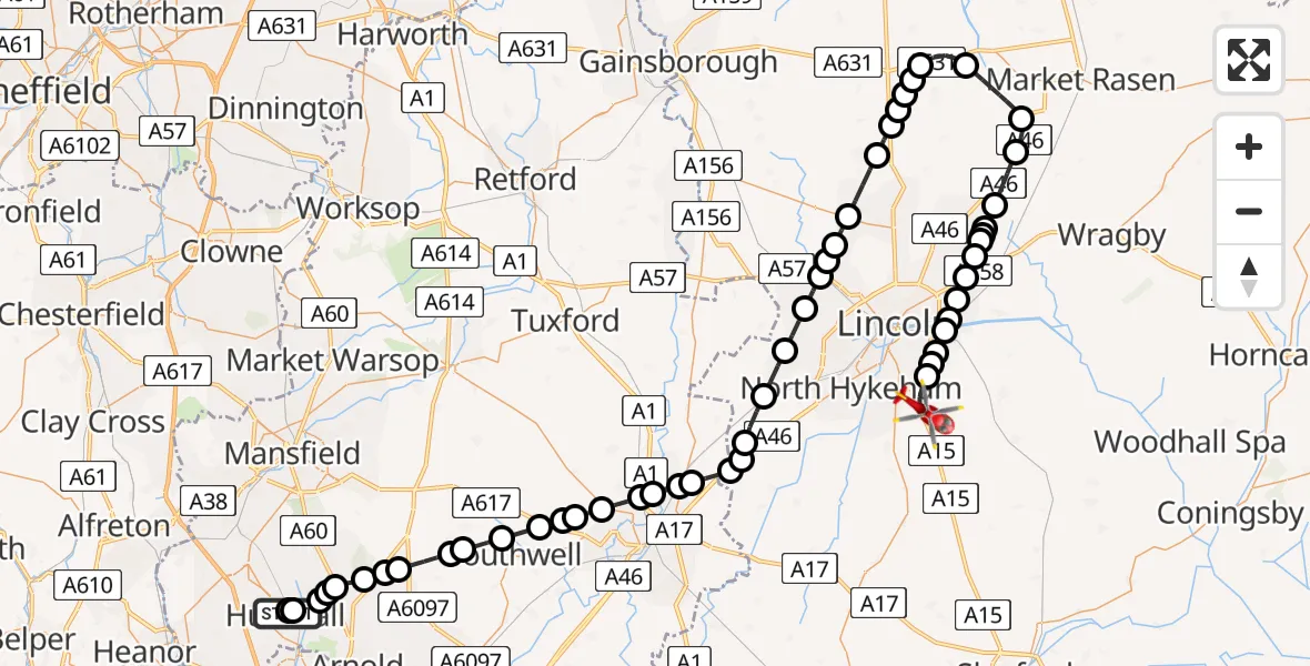 Flight route map: Air Ambulance Helicopter to North Kesteven, Sleaford Road