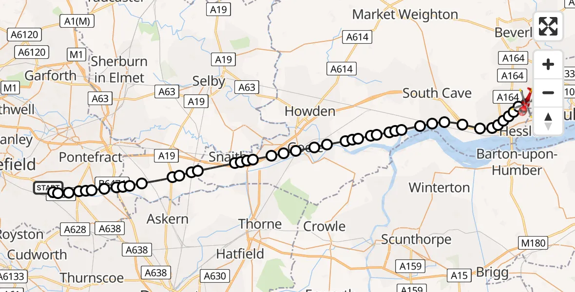 Flight route map: Air Ambulance Helicopter to Willerby, The Close