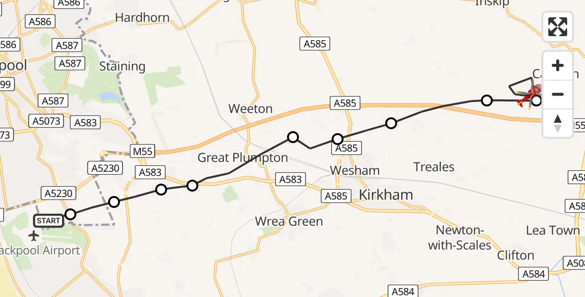 Flight route map: Air Ambulance Helicopter to Catforth, Roots Lane