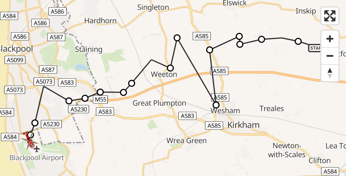 Routekaart van de vlucht: Air Ambulance Helicopter to Blackpool Airport, Blackpool Airport