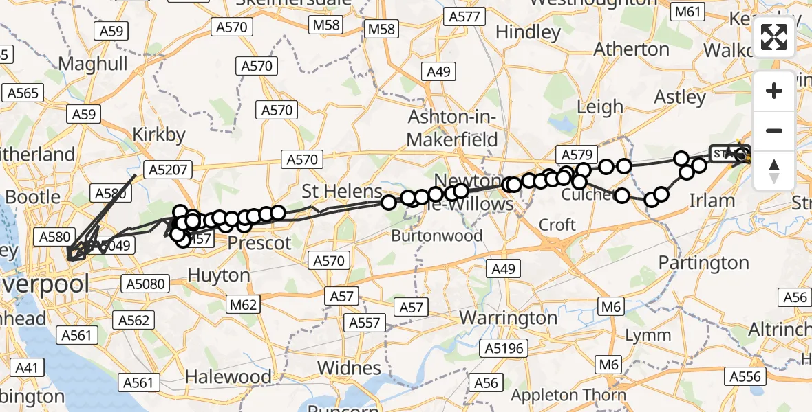 Flight path map showing Police Helicopter route from Irlam to Manchester Barton Aerodrome