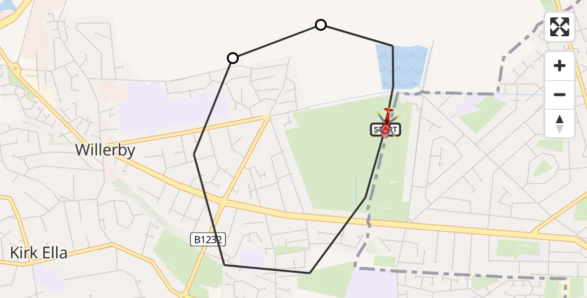 Flight route map: Air Ambulance Helicopter to Willerby, The Close
