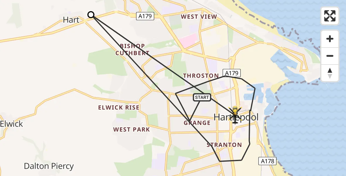 Flight route map: Police Helicopter to Hartlepool, Church Square