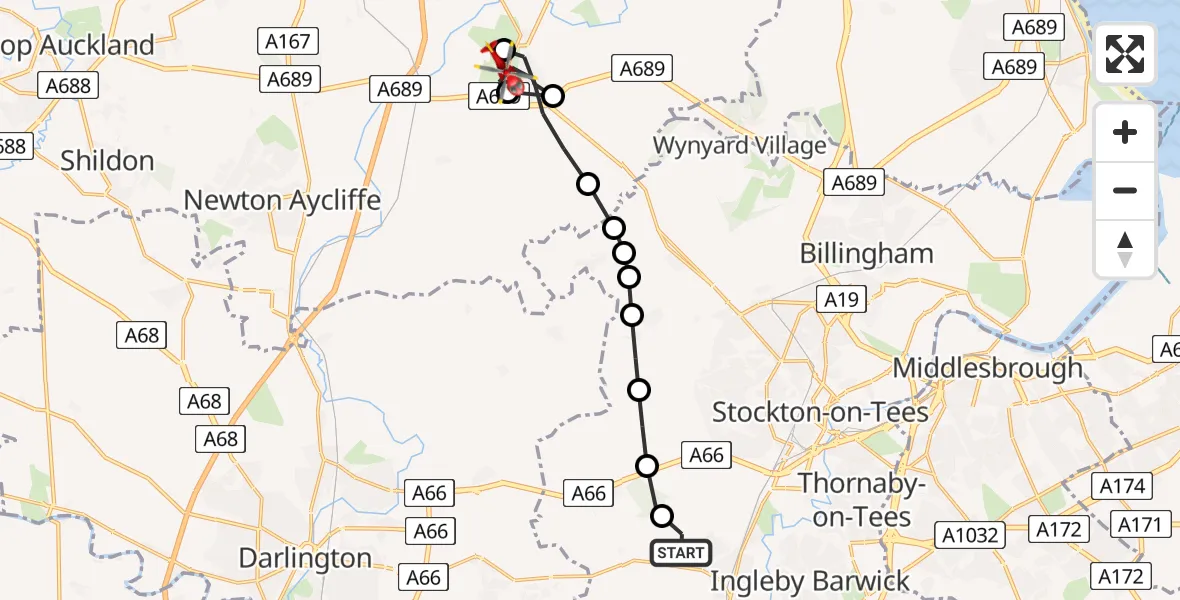 Flight route map: Air Ambulance Helicopter to Sedgefield, A177