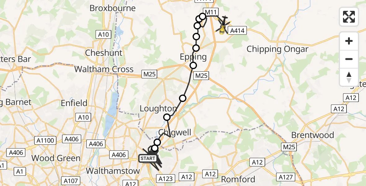 Flight route map: Police Helicopter to North Weald Airfield, North Weald Airfield