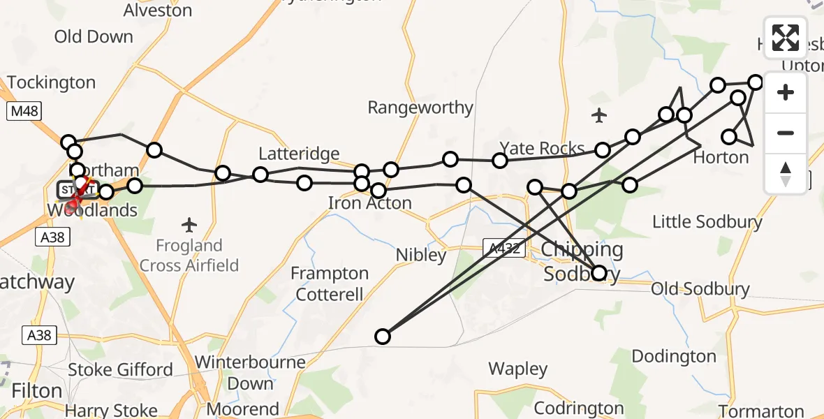 Flight route map: Air Ambulance Helicopter to Almondsbury Helicopter Base, Almondsbury Helicopter Base