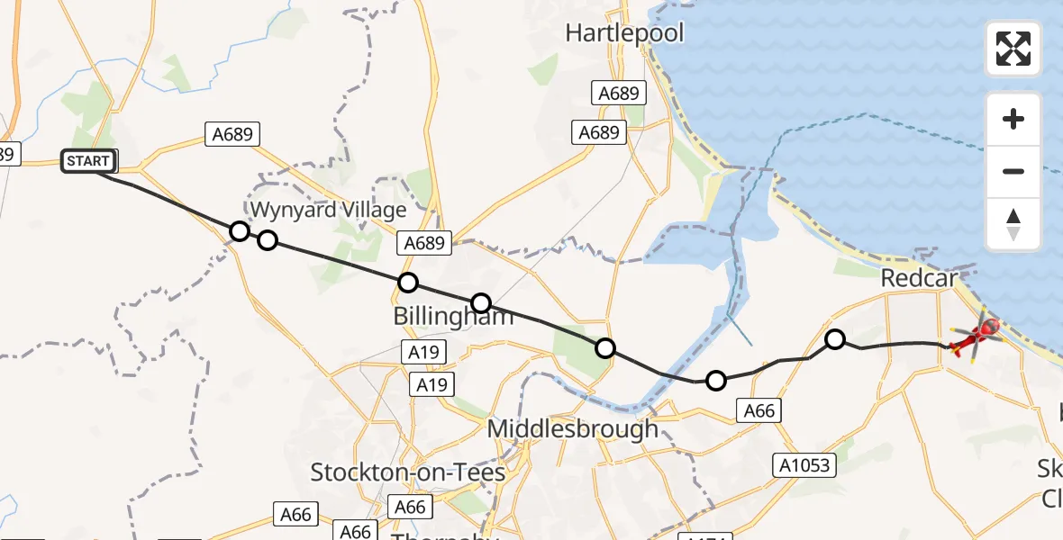 Flight route map: Air Ambulance Helicopter to Redcar, Green Lane
