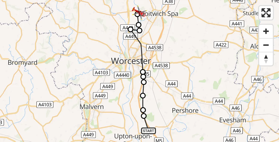 Flight route map: Air Ambulance Helicopter to Ombersley, A4133