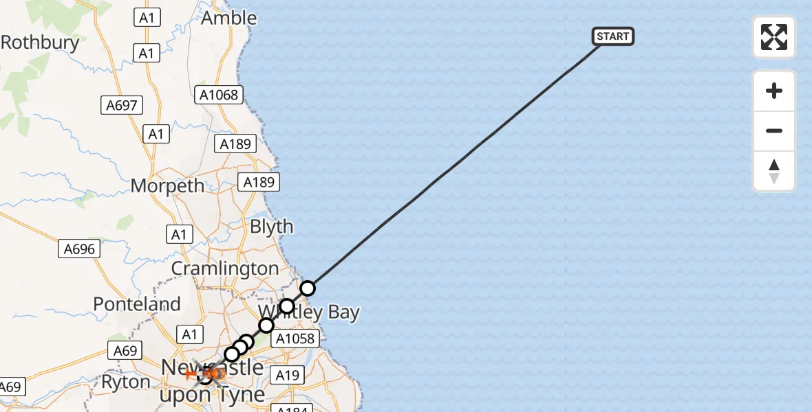 Flight route map: Coastguard Helicopter to Newcastle upon Tyne, Richardson Road