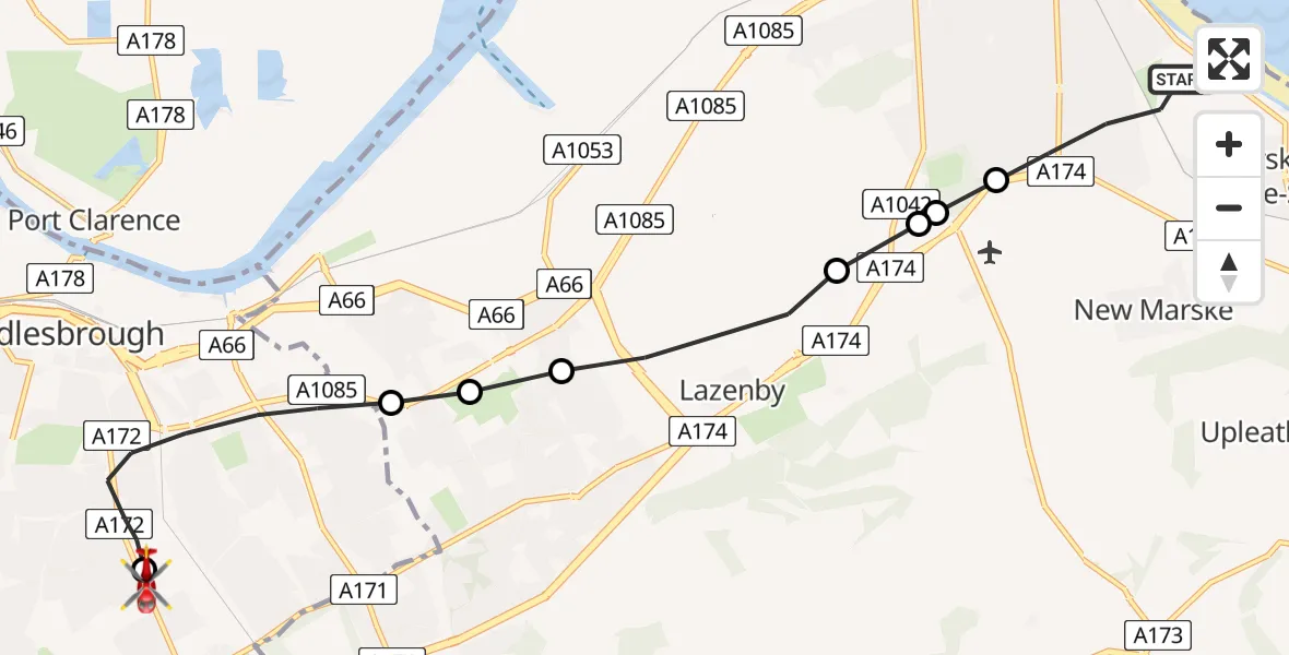 Flight route map: Air Ambulance Helicopter to James Cook University Hospital, James Cook University Hospital