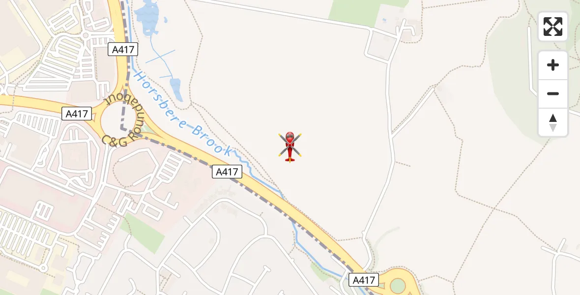 Flight route map:  to Tewkesbury, Brockworth Bypass