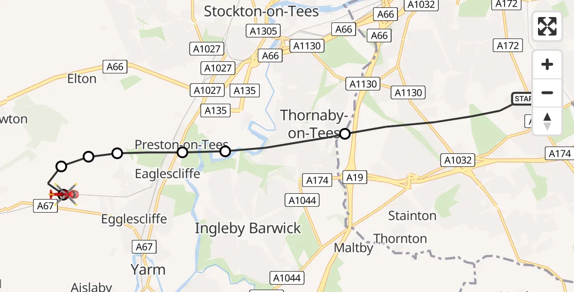 Flight route map: Air Ambulance Helicopter to Egglescliffe, Egglescliffe