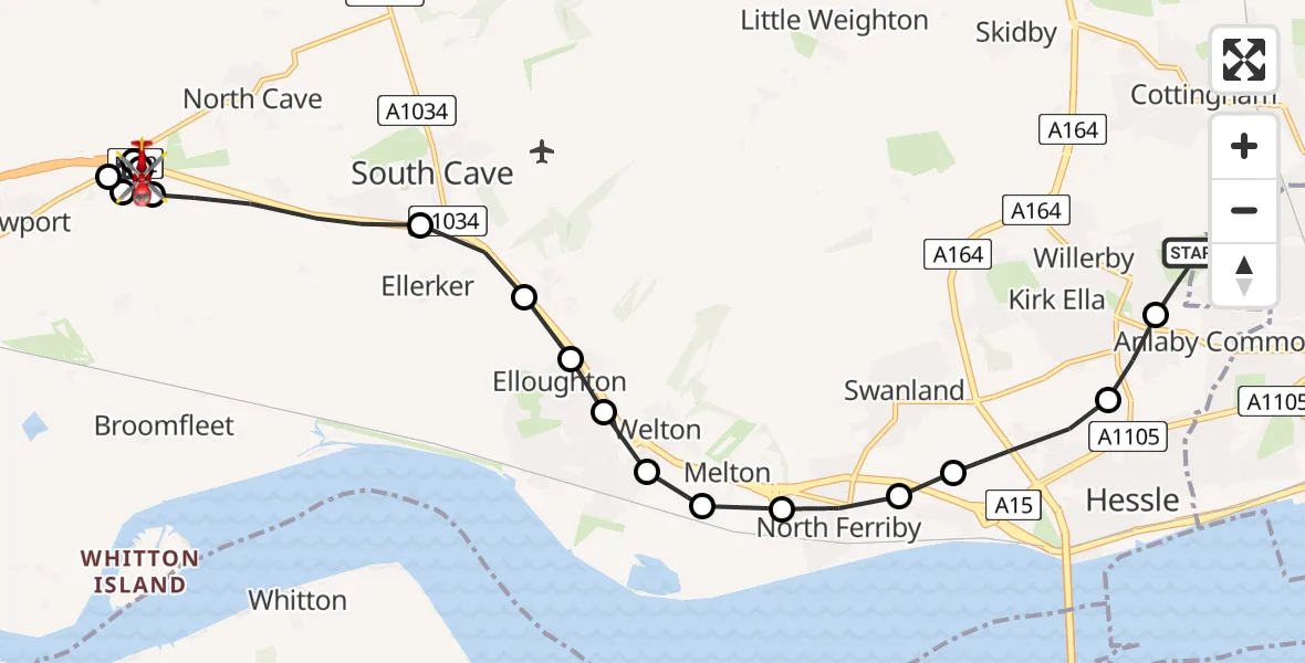 Routekaart van de vlucht: Air Ambulance Helicopter to North Cave, Common Lane