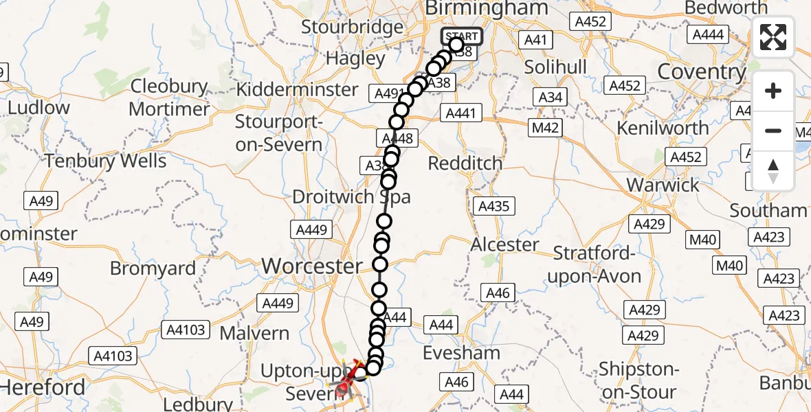 Flight route map: Air Ambulance Helicopter to Kinnersley, M5