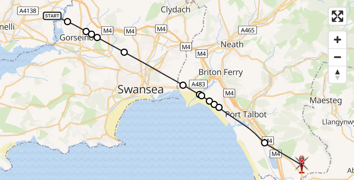 Routekaart van de vlucht: Air Ambulance Helicopter to Coed Hirwaun, Carreg Erw