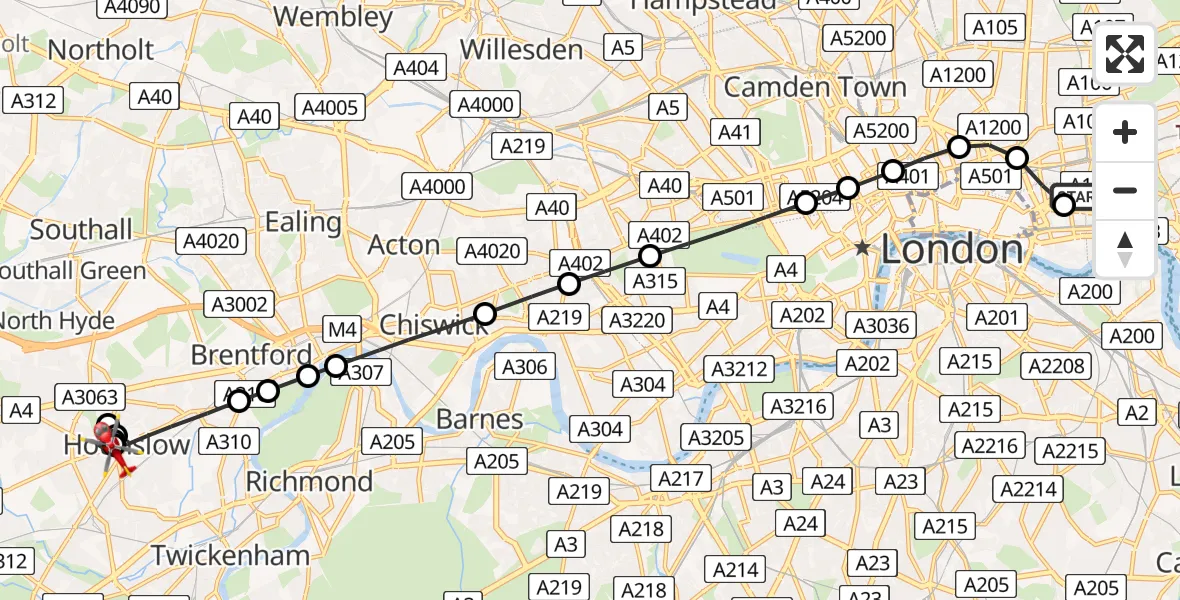 Flight route map: Air Ambulance Helicopter to London Borough of Hounslow, Hanworth Road