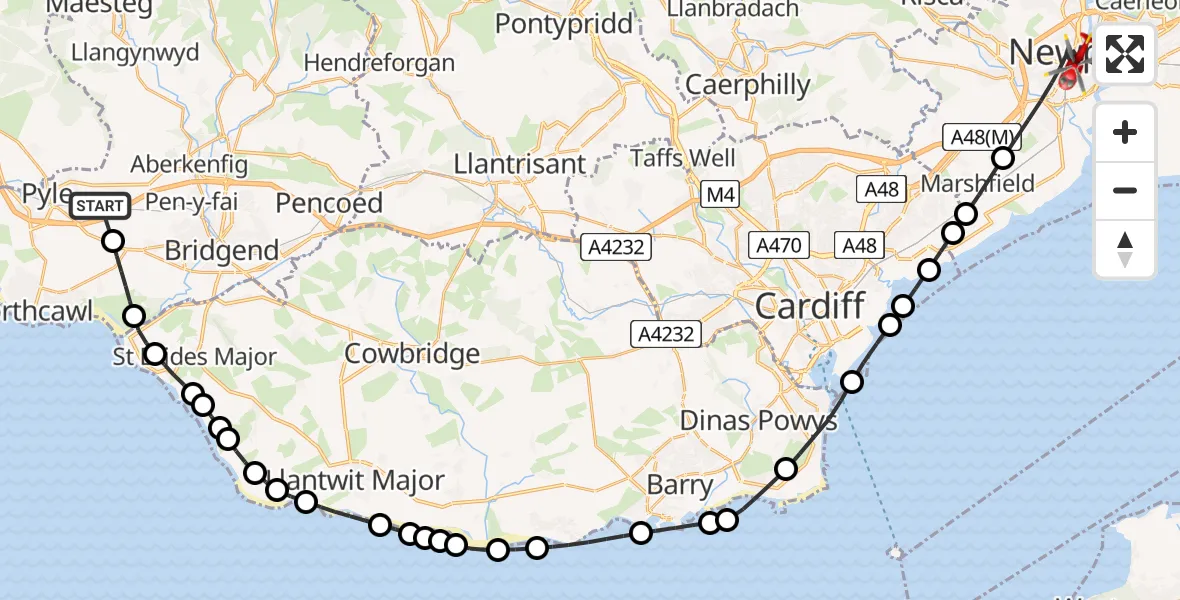 Flight route map: Air Ambulance Helicopter to Newport, Cemetery Lane