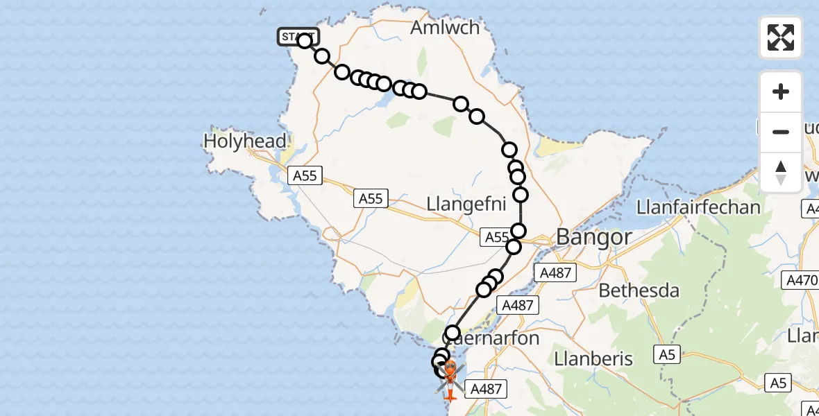 Flight route map: Coastguard Helicopter to Caernarfon Airport, Caernarfon Airport