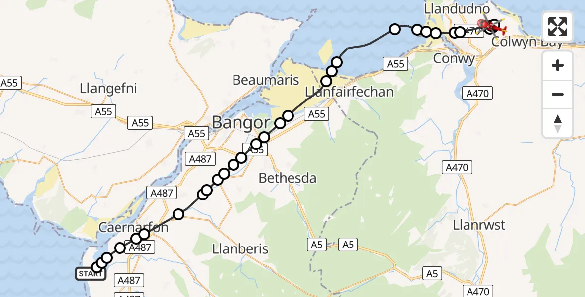 Flight route map: Air Ambulance Helicopter to Mochdre, Pen Y Bont Road
