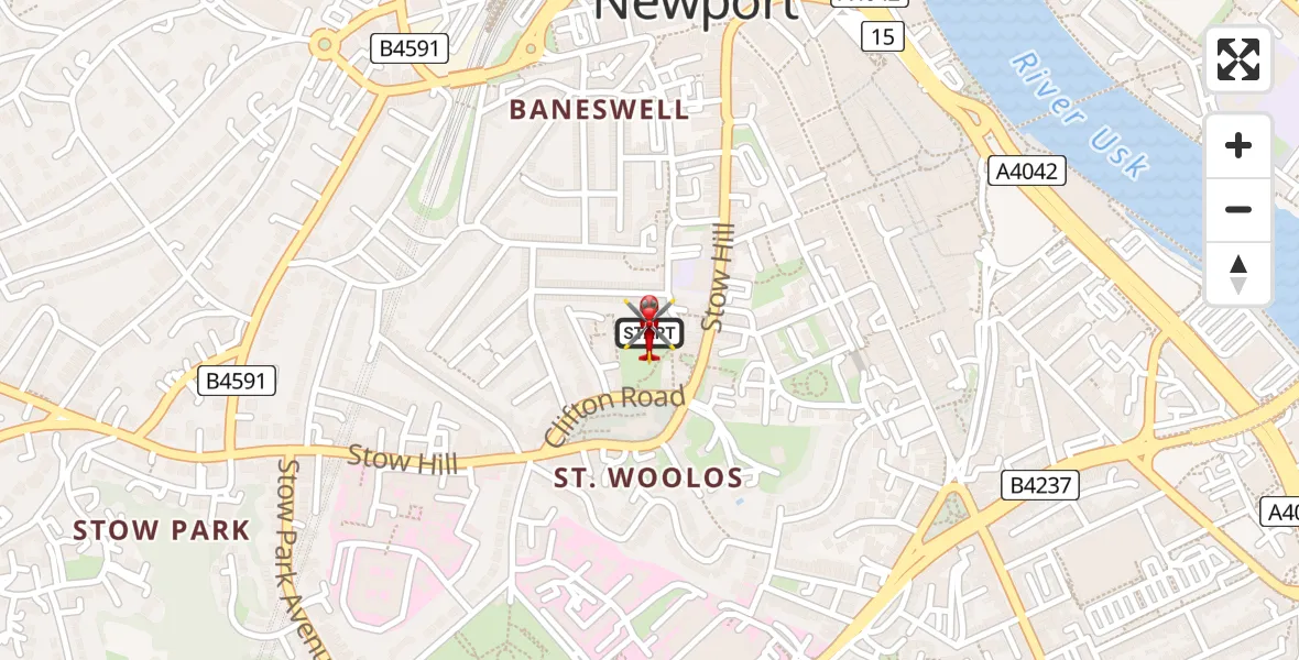 Flight route map: Air Ambulance Helicopter to Newport, Cemetery Lane