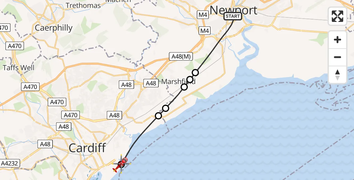 Flight route map: Air Ambulance Helicopter to Cardiff Heliport, Cardiff Heliport
