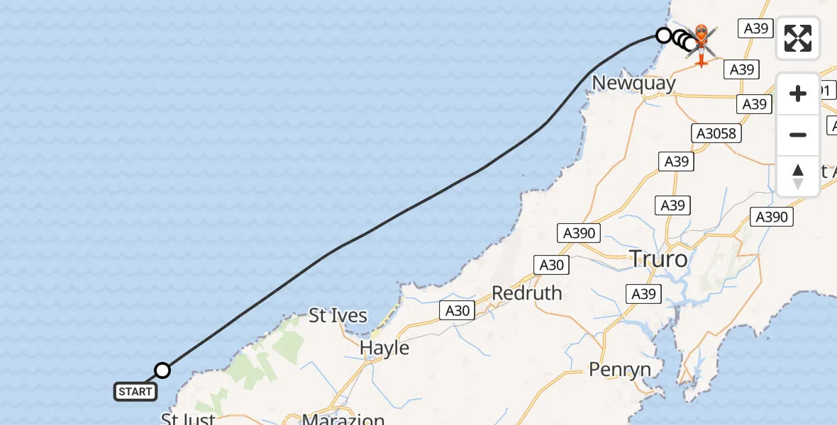 Flight route map: Coastguard Helicopter to Cornwall Airport Newquay, Cornwall Airport Newquay