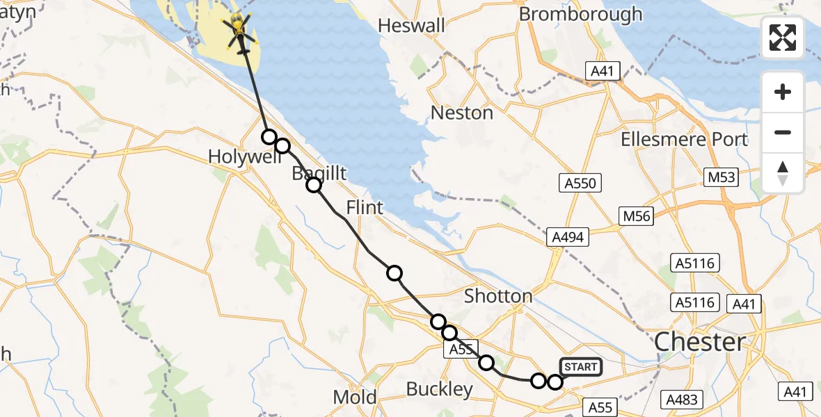 Routekaart van de vlucht: Police Helicopter to Mostyn, Mostyn