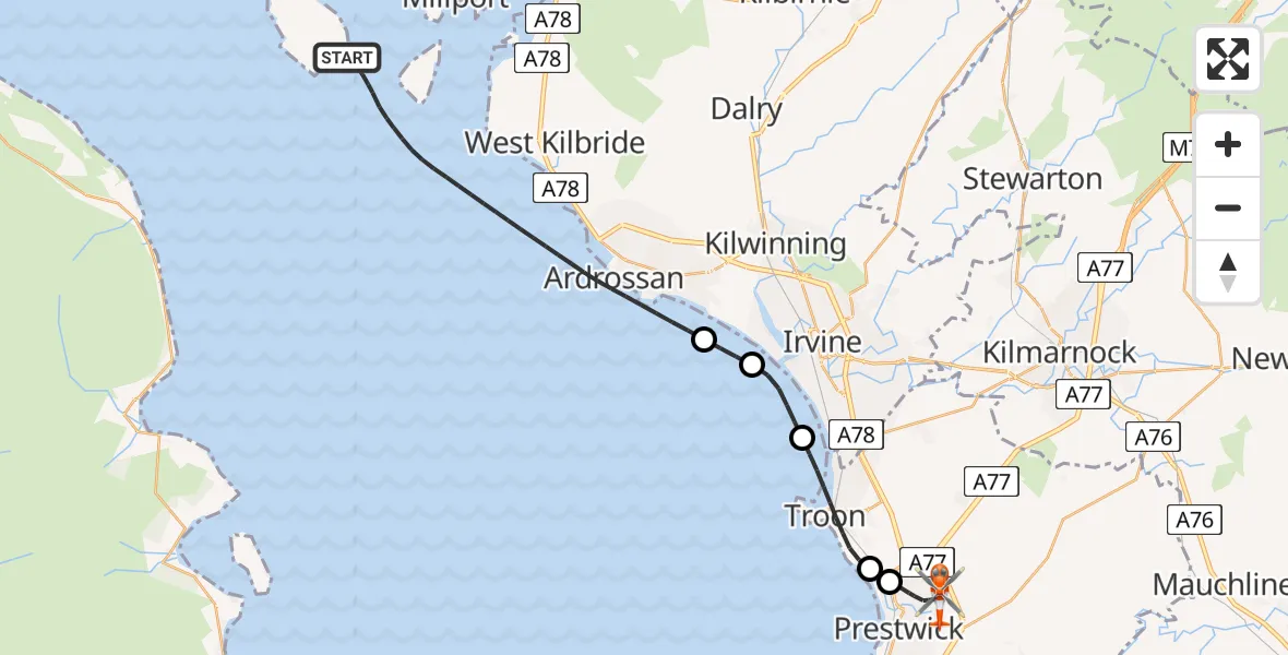 Flight route map: Coastguard Helicopter to Glasgow Prestwick Airport, Glasgow Prestwick Airport