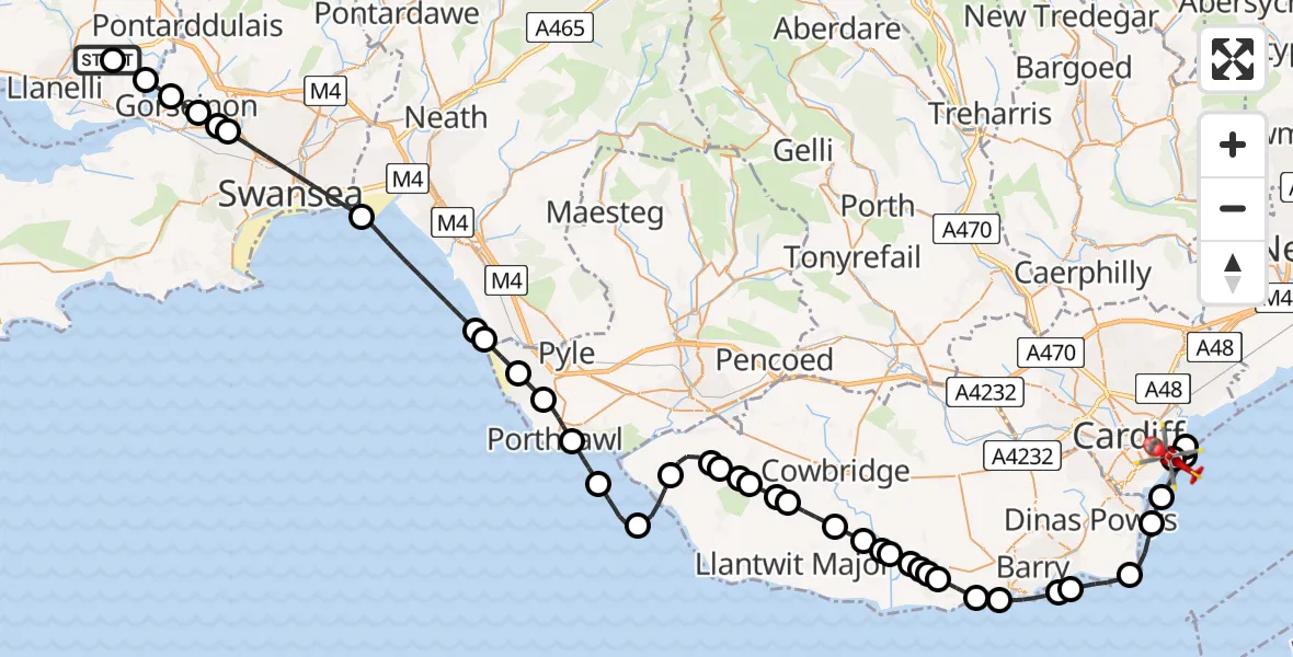 Flight route map: Air Ambulance Helicopter to Cardiff Heliport, Cardiff Heliport