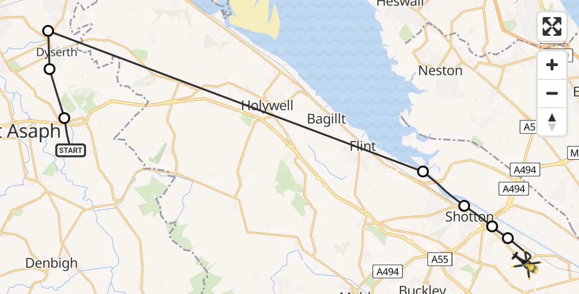 Routekaart van de vlucht: Police Helicopter to Sandycroft, Sandycroft