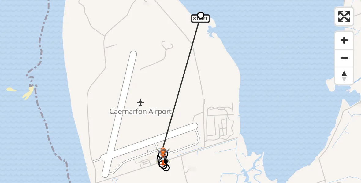 Flight path map showing Coastguard Helicopter route from Caernarfon Airport to Caernarfon Airport