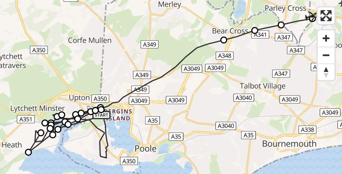 Flight route map: Police Helicopter to Parley Cross, Christchurch Road