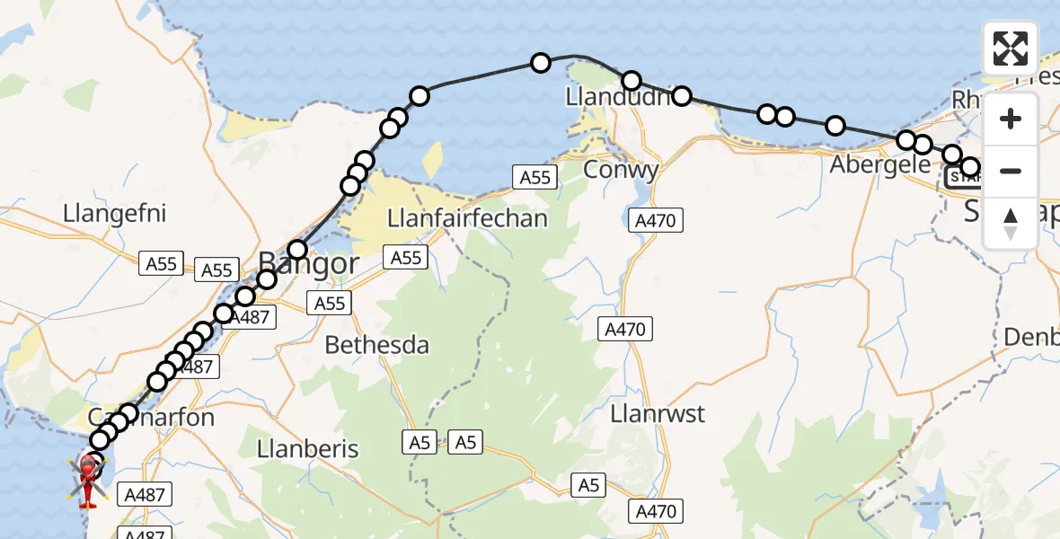 Flight route map: Air Ambulance Helicopter to Caernarfon Airport, Caernarfon Airport